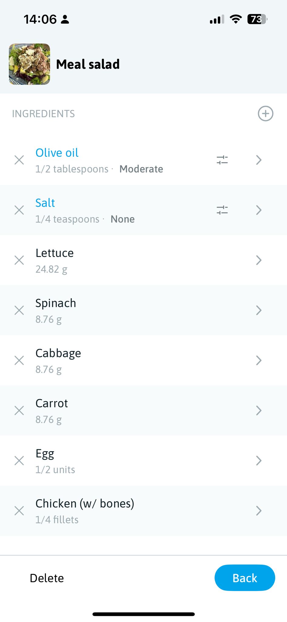 Example ingredients edition UI