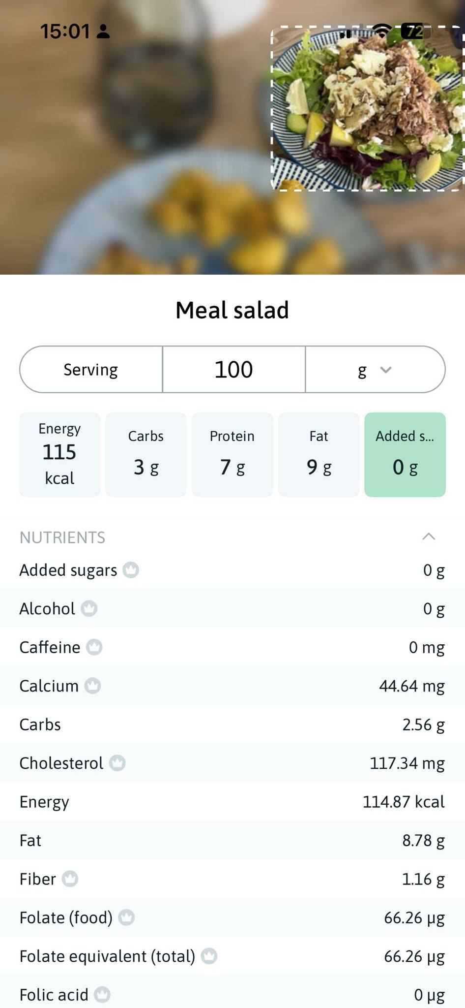 Example nutritional info display UI